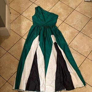 Emerald Green One-Shoulder Colorblock Evening Gown